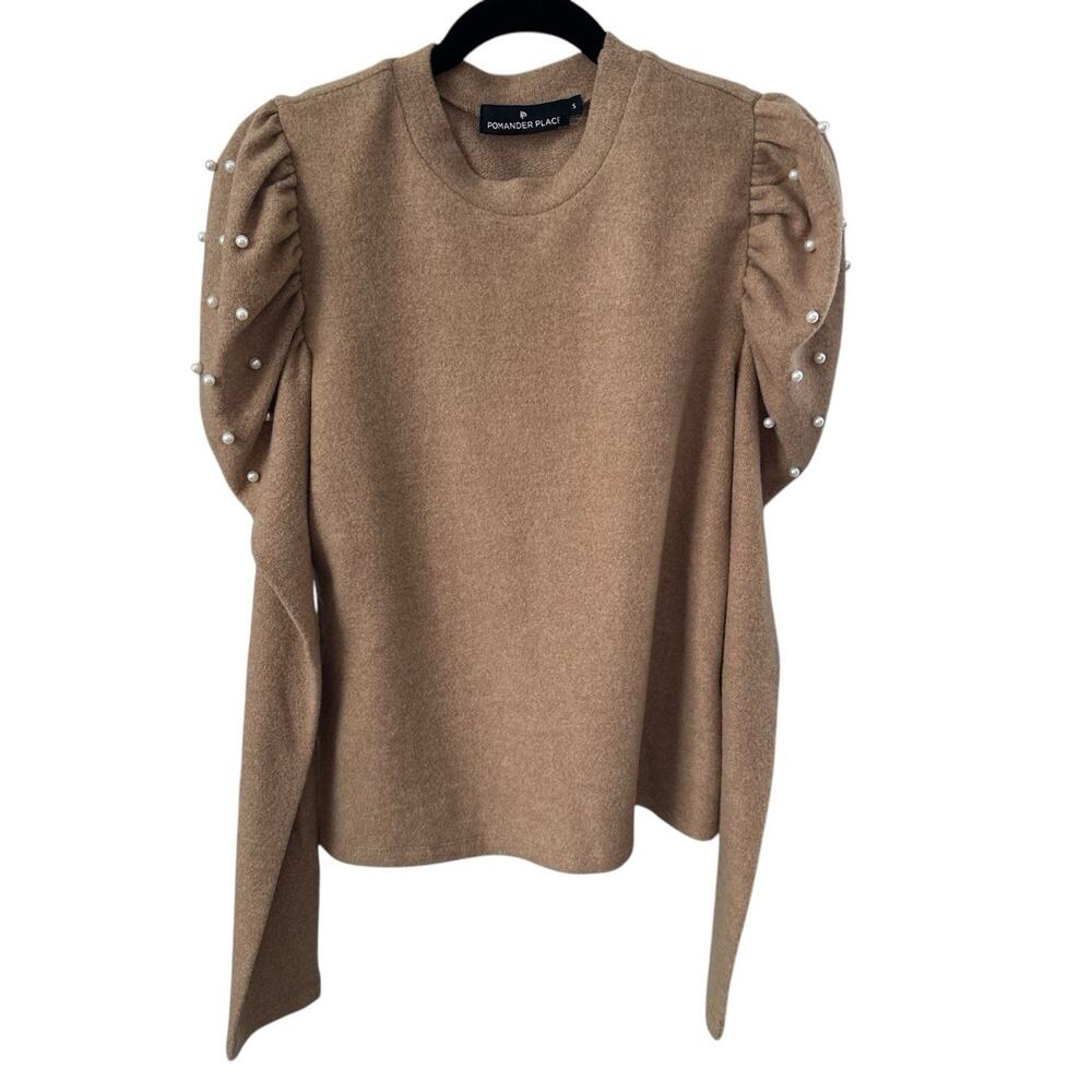 Pomander Place Tuckernuck Puff Pearl Sleeve Sweater Small Tan